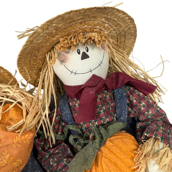 Decorative Harvest Scarecrow Couple With Straw Hats & Fabric Clothing - Picture 4 of 7